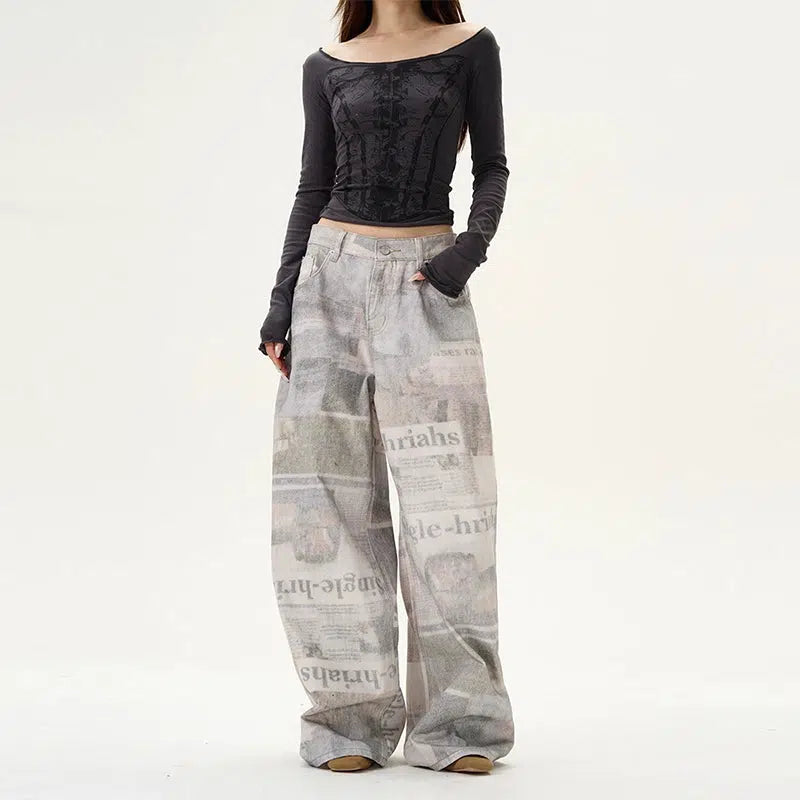 Retro Printed Wide-leg Jeans