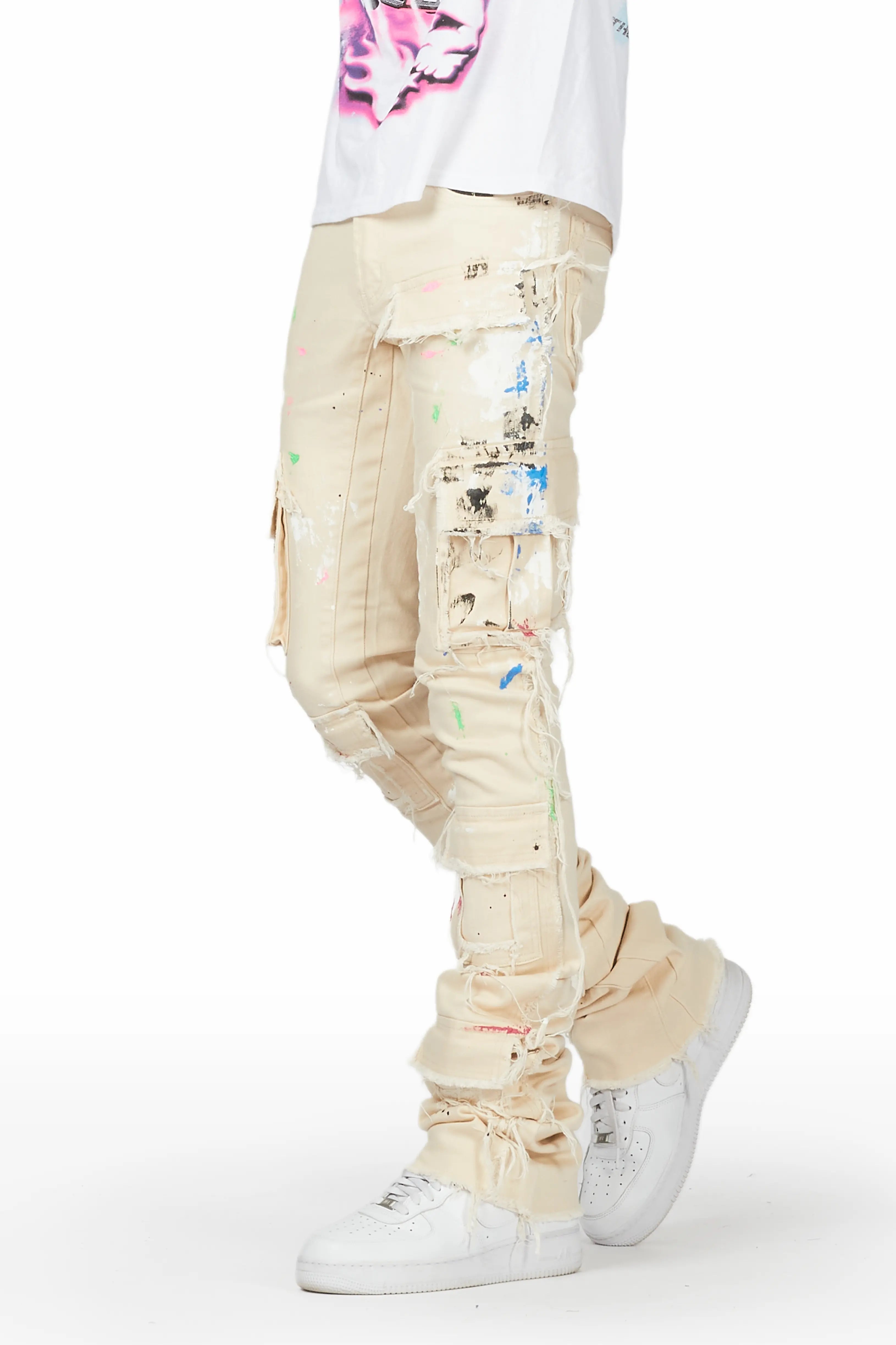 Micael Beige Painter Super Stacked Flare Jean