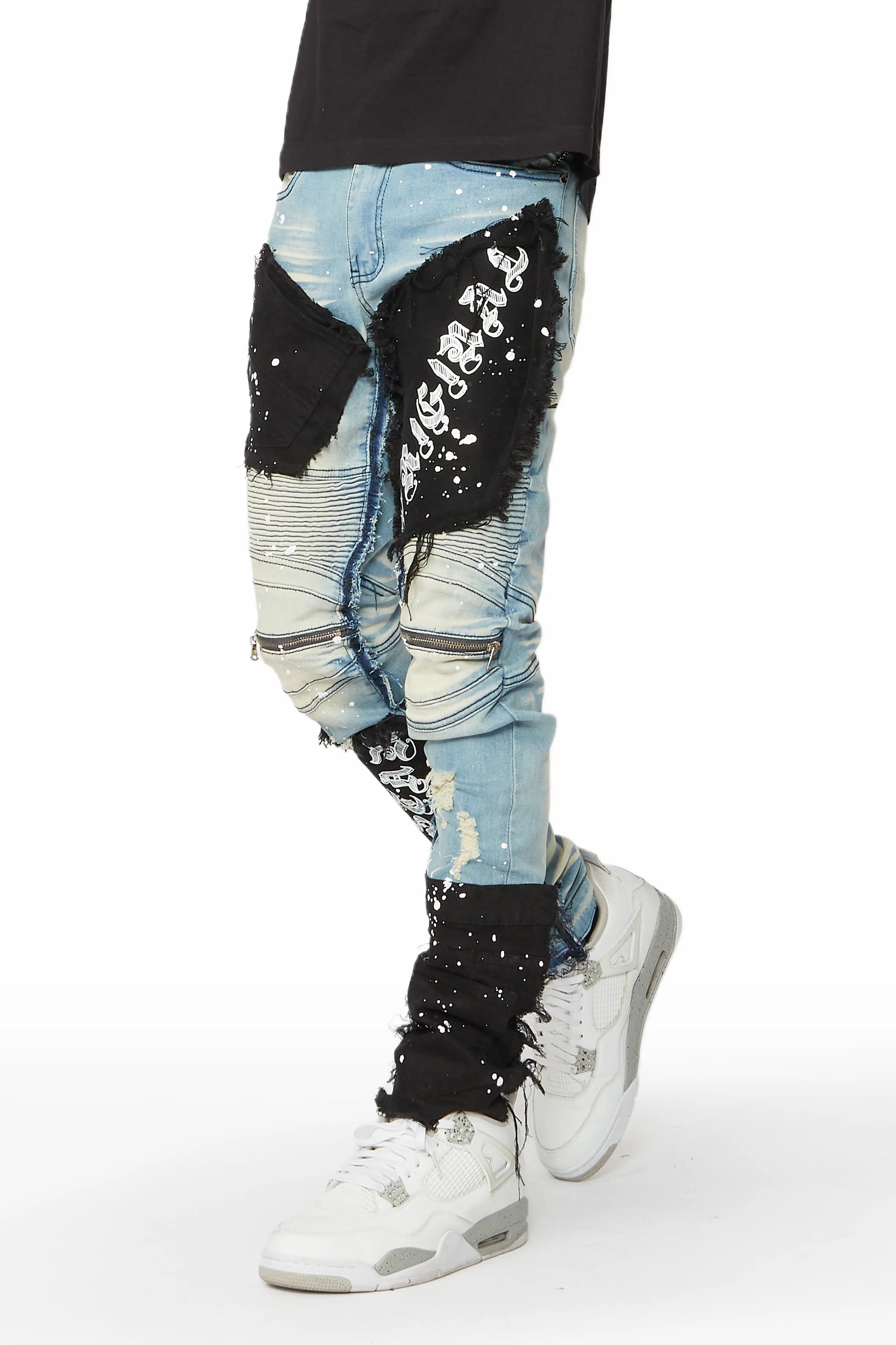 Cosmo Blue Patchwork Biker Jean