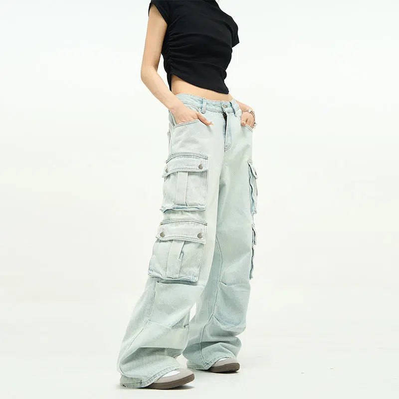 Unisex Wide-leg Multi-pocket Jeans