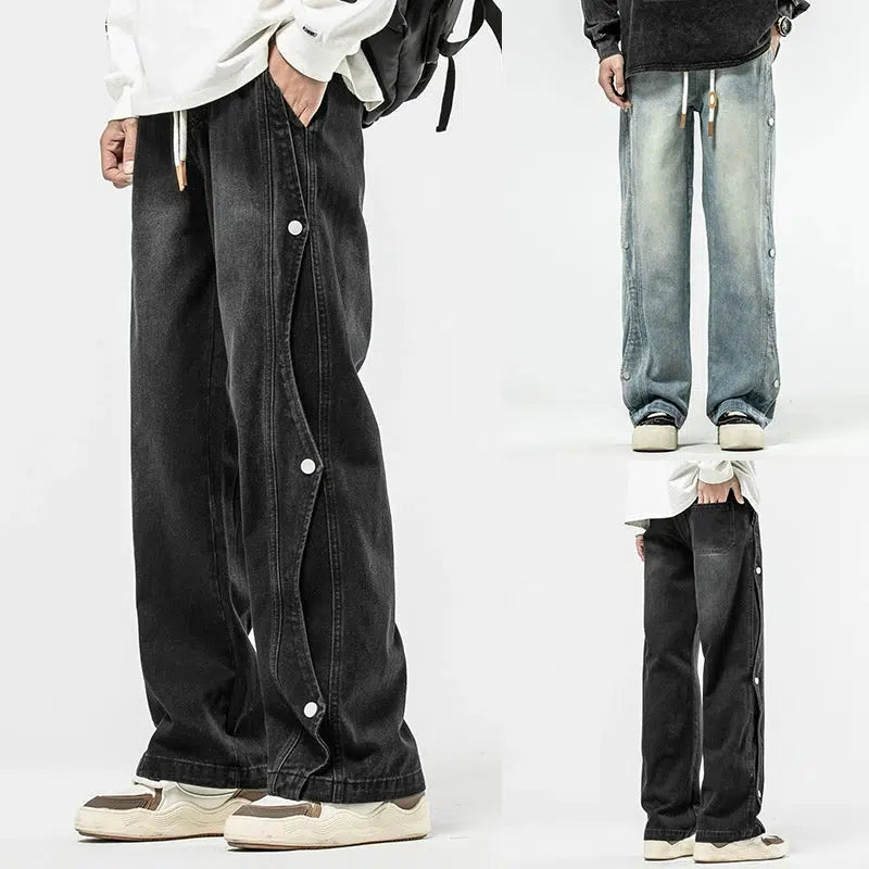 Washed Side-button Drawstring Jeans