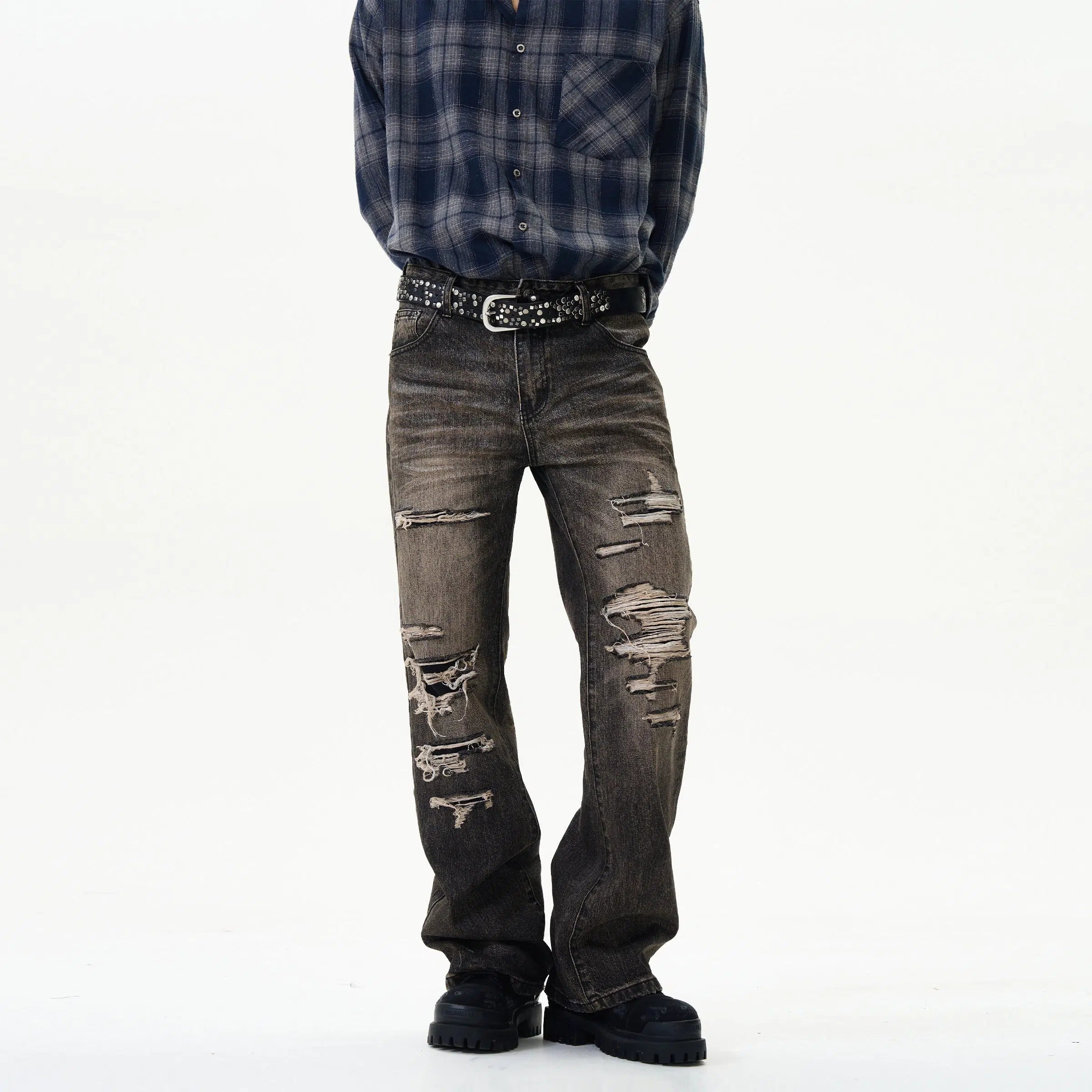 Distressed Ripped Straight-Leg Jeans