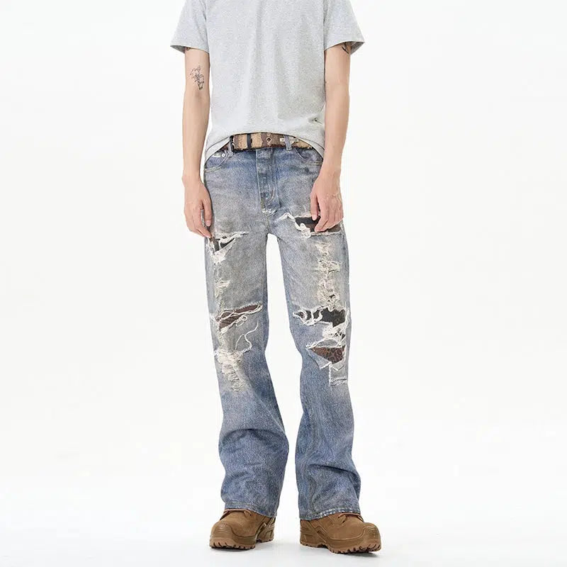 Distressed Wide-Leg Jeans with Patchwork