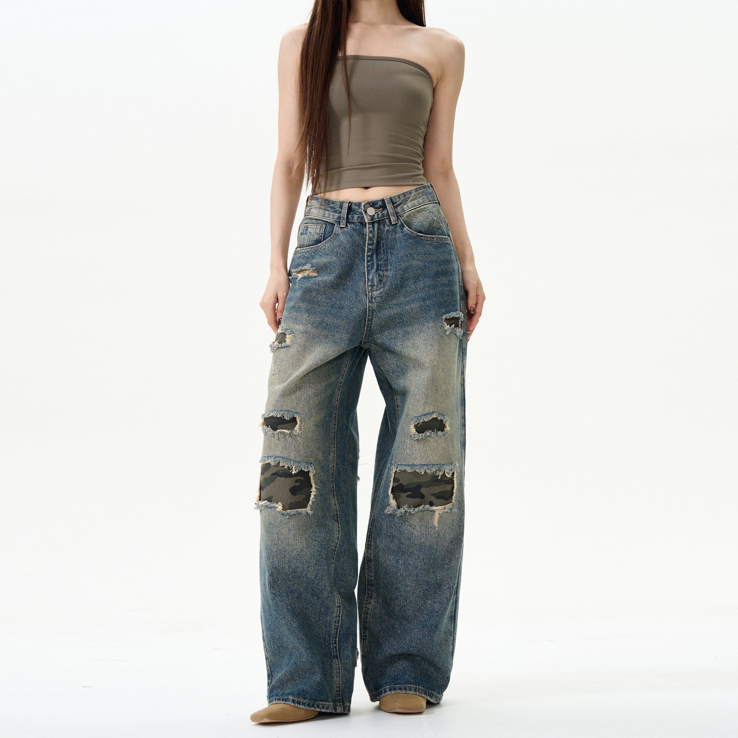 Distressed Wide-Leg Patchwork Denim Pants