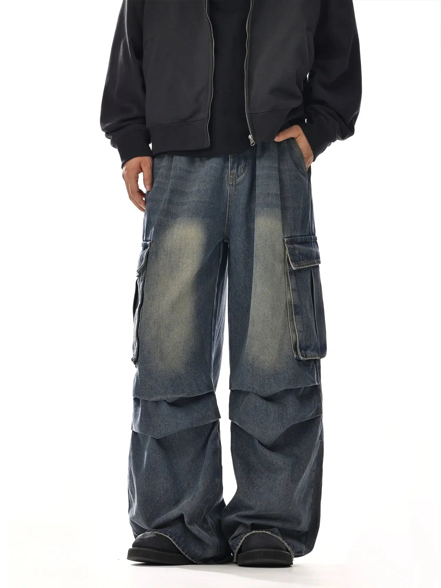 Multi-pocket Pleated Denim Pants