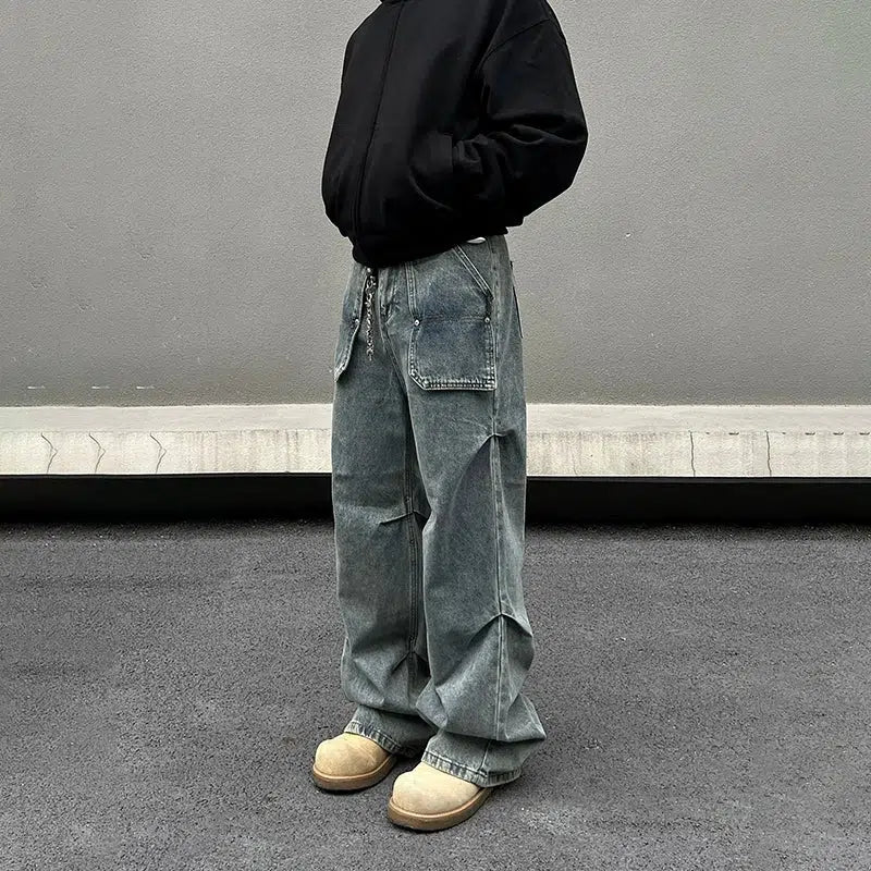 Washed Wide-Leg Denim Cargo Pants