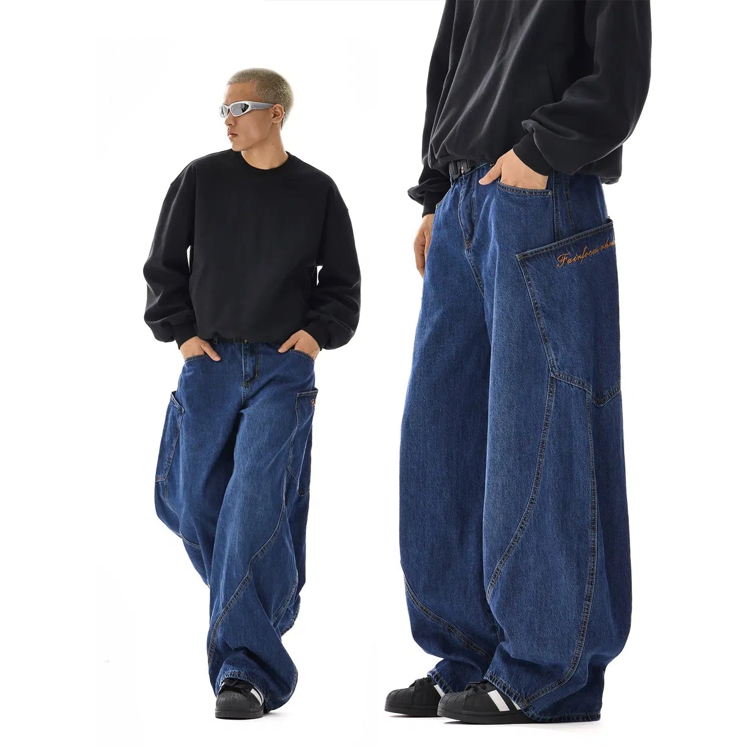 Wide-Leg Denim Pants with Cargo Pockets