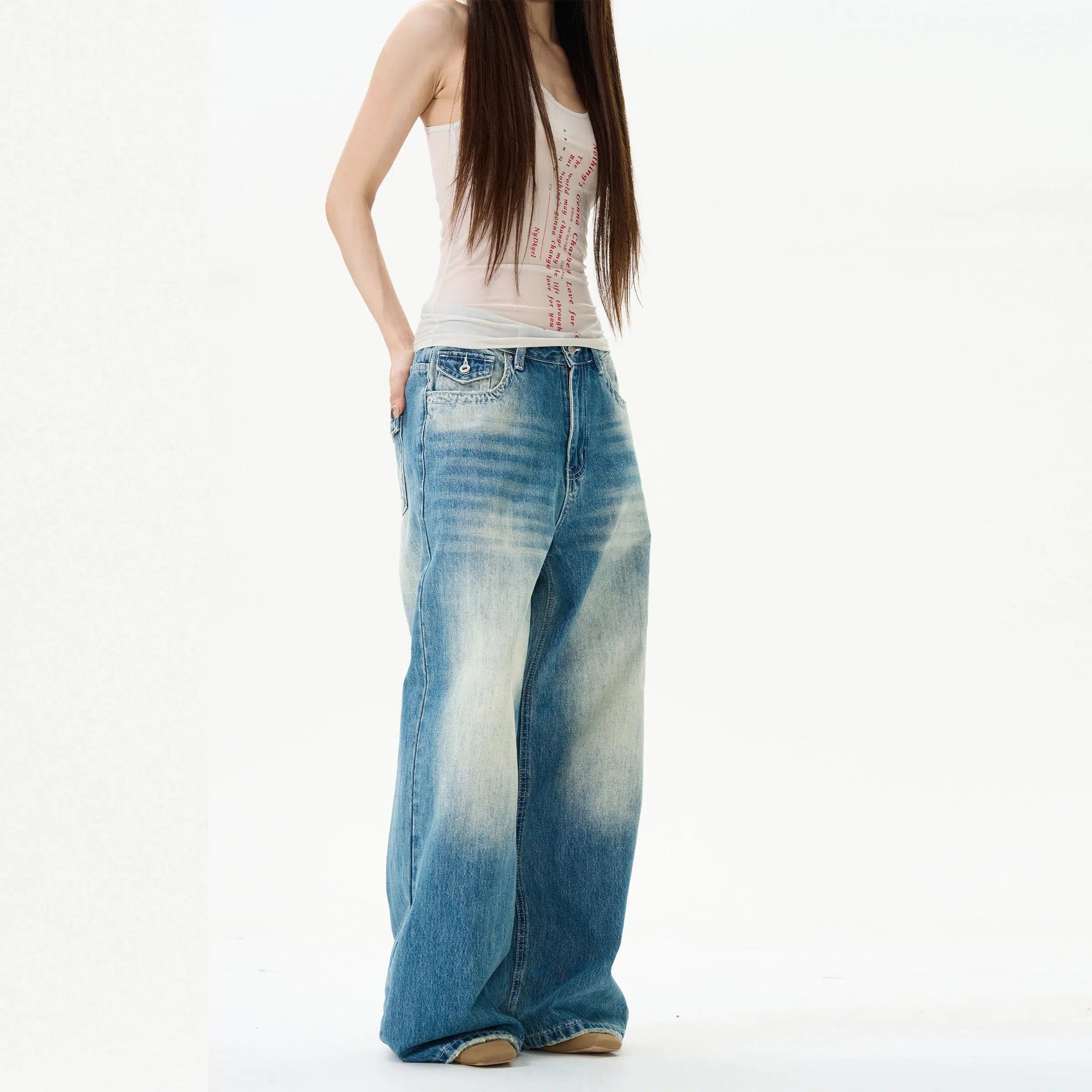 Wide-Leg Distressed Denim Pants