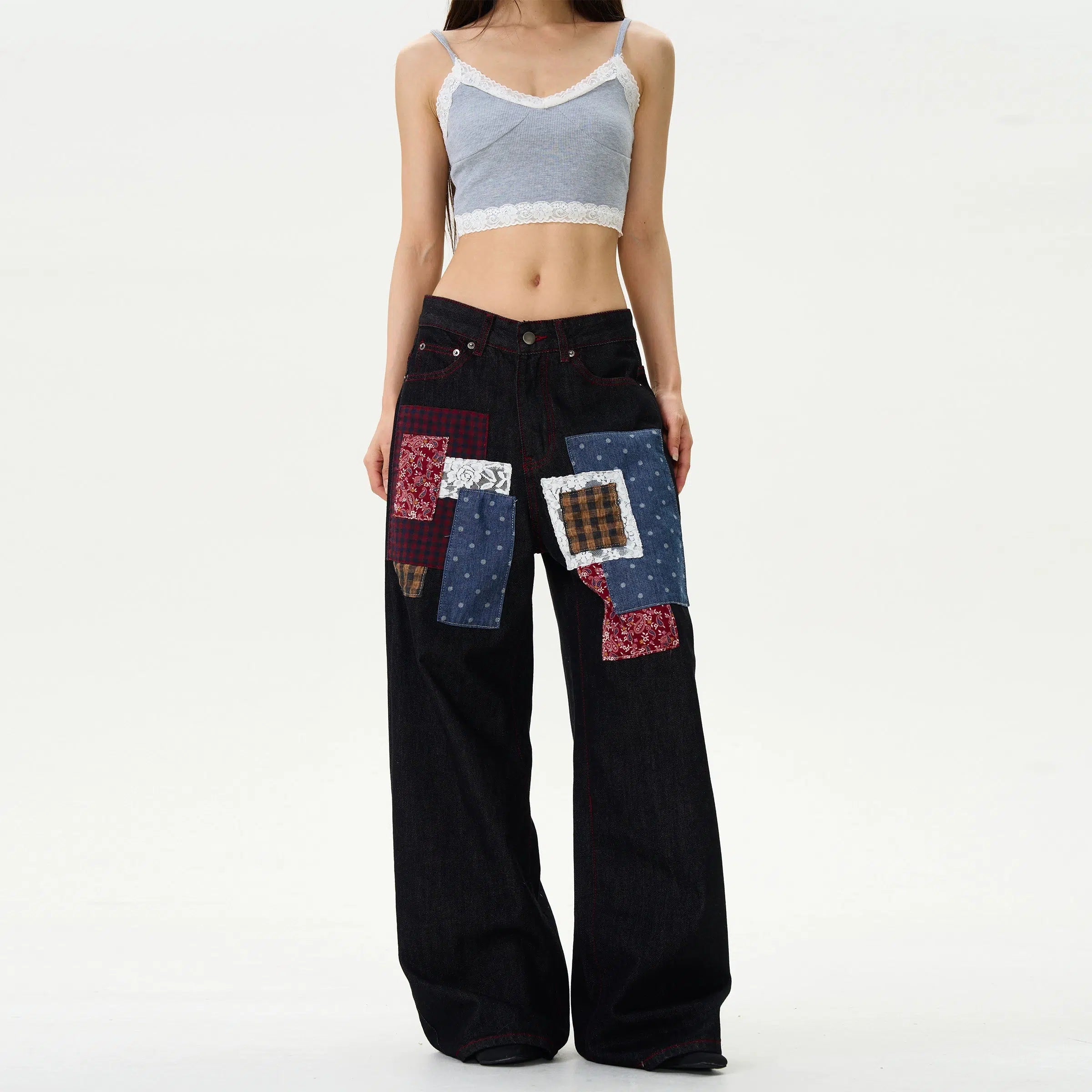 Wide-Leg Patchwork Denim Pants