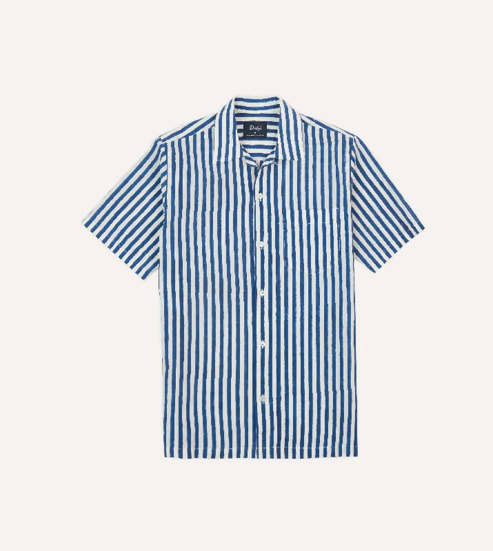 Blue Stripe Block Print Cotton Camp Collar Short Sleeve Shirt