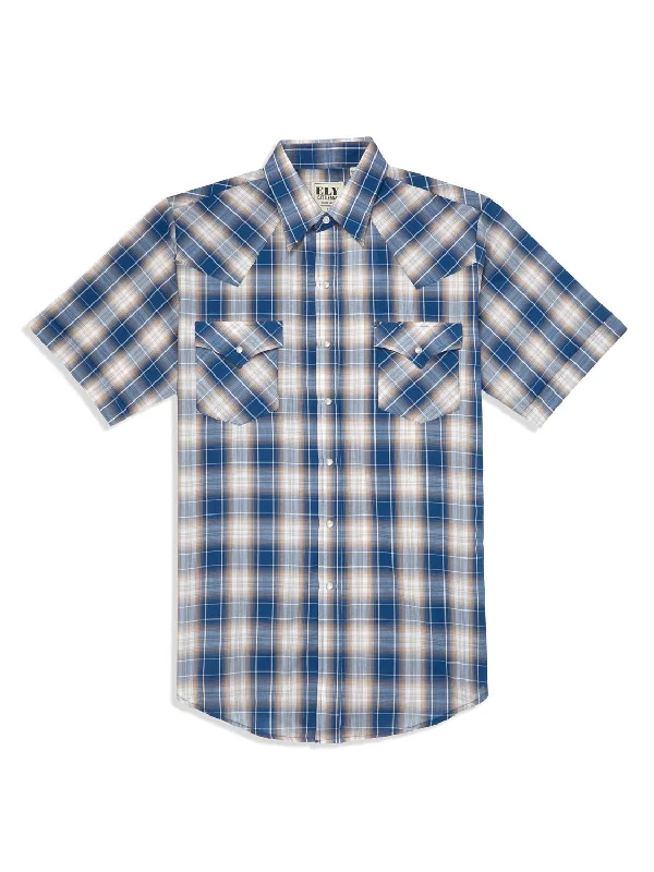 Ely and Walker Mens Plaid Snap Blue Poly/Cotton S/S Shirt