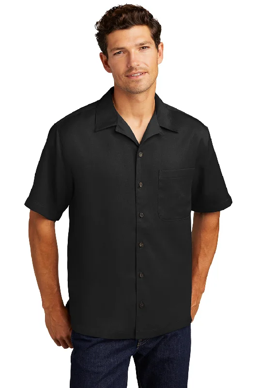 Port Authority Mens Easy Care Stain Resistant Short Sleeve Button Down Camp Shirt w/ Pocket - Black