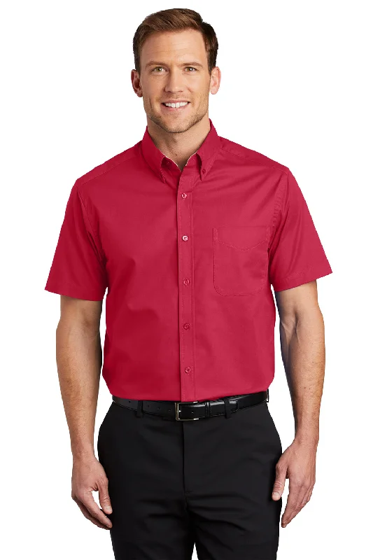 Port Authority Mens Easy Care Wrinkle Resistant Short Sleeve Button Down Shirt w/ Pocket - Red