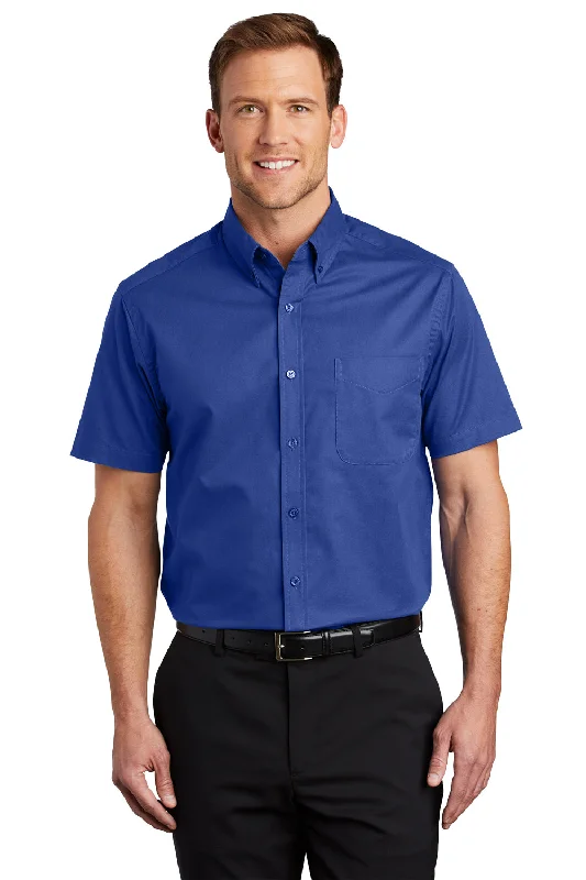 Port Authority Mens Easy Care Wrinkle Resistant Short Sleeve Button Down Shirt w/ Pocket - Royal Blue