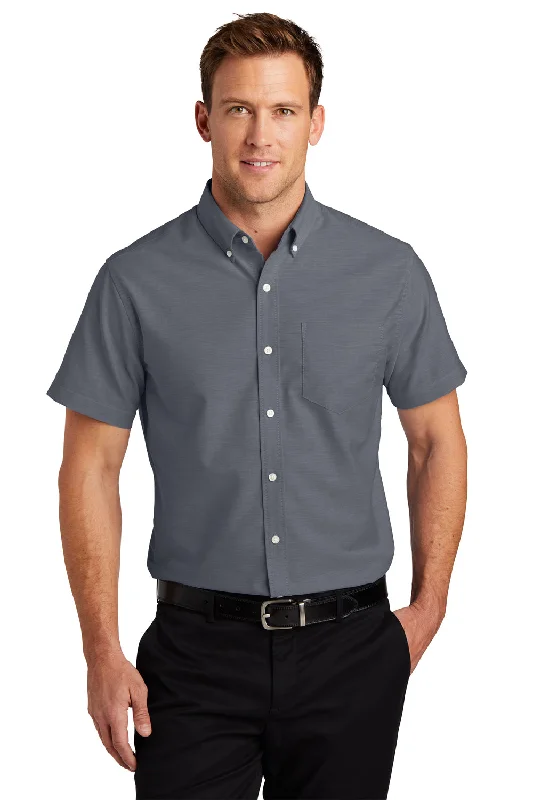 Port Authority Mens SuperPro Oxford Wrinkle Resistant Short Sleeve Button Down Shirt w/ Pocket - Black