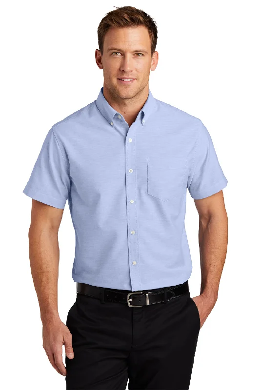 Port Authority Mens SuperPro Oxford Wrinkle Resistant Short Sleeve Button Down Shirt w/ Pocket - Oxford Blue