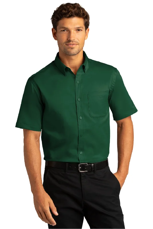 Port Authority Mens SuperPro Wrinkle Resistant React Short Sleeve Button Down Shirt w/ Pocket - Dark Green