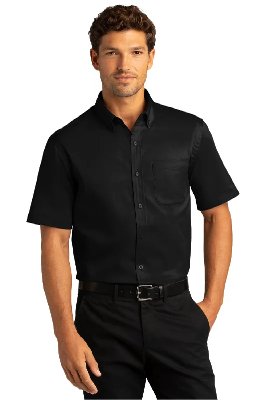 Port Authority Mens SuperPro Wrinkle Resistant React Short Sleeve Button Down Shirt w/ Pocket - Deep Black