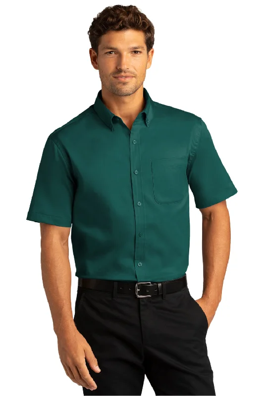 Port Authority Mens SuperPro Wrinkle Resistant React Short Sleeve Button Down Shirt w/ Pocket - Marine Green