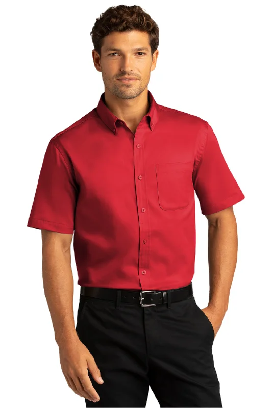 Port Authority Mens SuperPro Wrinkle Resistant React Short Sleeve Button Down Shirt w/ Pocket - Rich Red