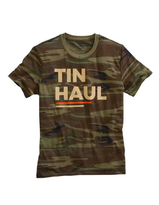 Tin Haul Unisex Green Camo Cotton Blend Block Letters S/S T-Shirt