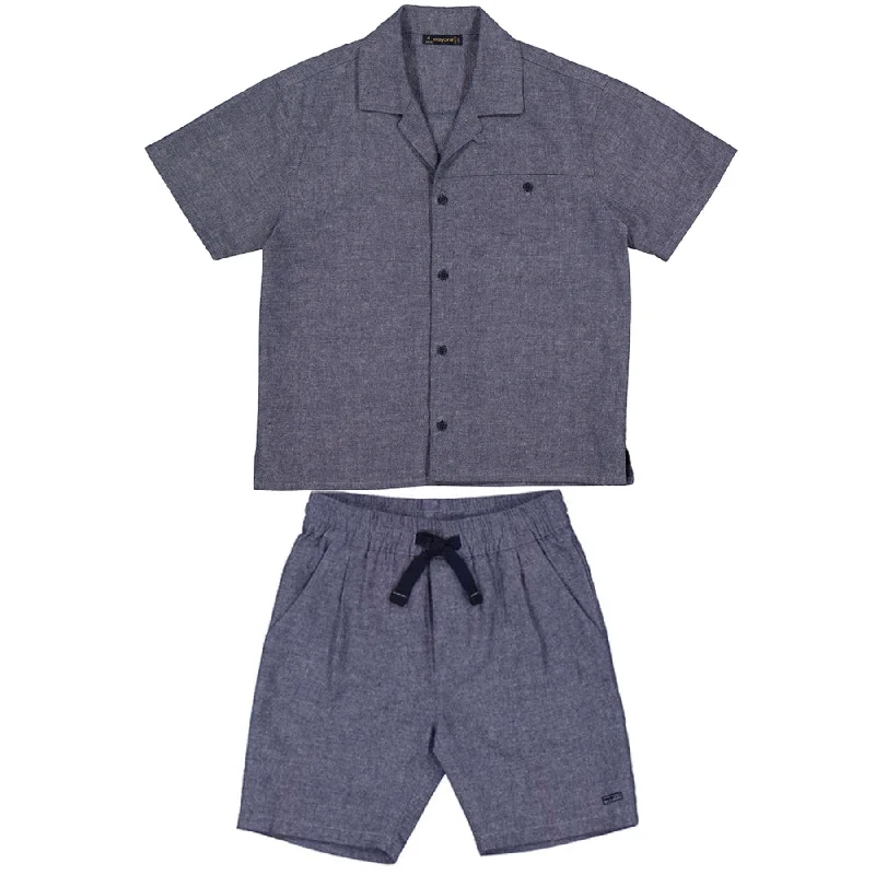 Mayoral Little Boys Washed Denim Linen Top and Short Set